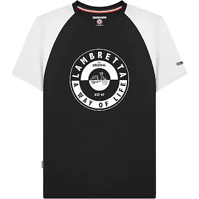 Lambretta Mens Scooter Two Tone Short Sleeve Crew Neck T-Shirt Top - Black/White • £14.95