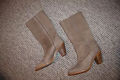 CLARKS Odona Camel Suede Leather Mid Calf High Heeled Cowboy Boots Uk4 WORN ONCE • £14.99