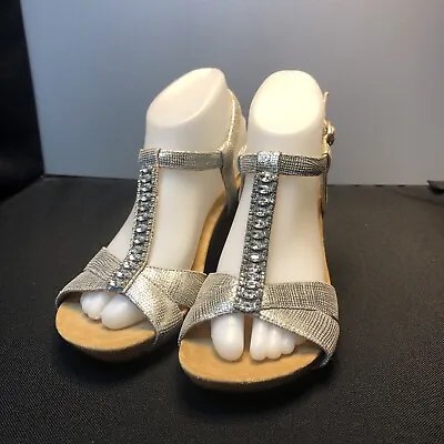 Nwob Us7m Michelle D Silver Leather 3  Wedge Ankle Strap Sandals Heels Shoes • $23.99