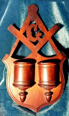 CARVED WOOD Antique MASONIC SYMBOLS Rare MATCH HOLDER! Square & Compass FOLK ART • $144.99