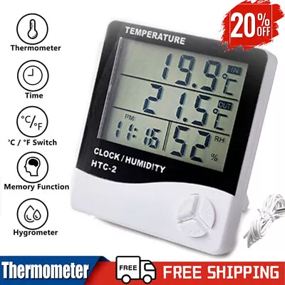 $9.99 • Buy Digital LCD Room Thermometer Humidity Meter Indoor/Outdoor Temperature Clock US
