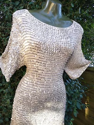 Champagne Gold 20's Style Stretchy Crochet Sequin Mini Party Dress M BNWOT • £22.99