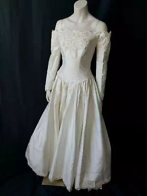 ROMANTIC BEADED SILK Off The Shoulders 80s Vintage Bridal Wedding Dress Gown - M • $238.12