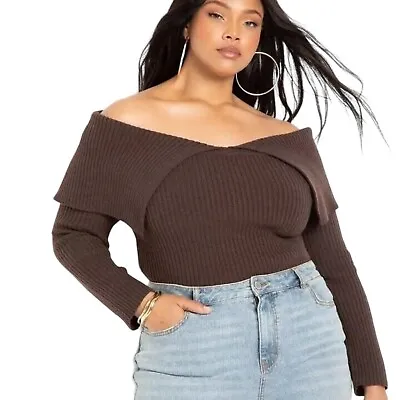 NWT Eloquii Brown Ribbed Sweater Women 18/20 Off Shoulder • £26.02