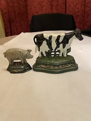 Vintage Wright Studio Cast Iron Door Stops Set Of 2 1 Holstein Cow And 1 Pig • $50