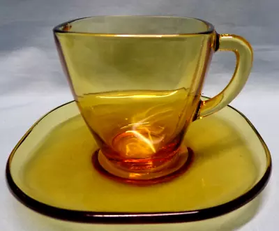2 Vintage Vereco France Amber & Green Glass Square Espresso Cup & Saucer Sets • $5.99