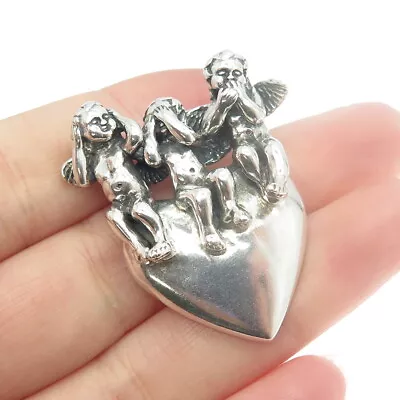 KABANA 925 Sterling Silver Vintage Hear See Speak No Evil Cupids Heart Pendant • $139.99