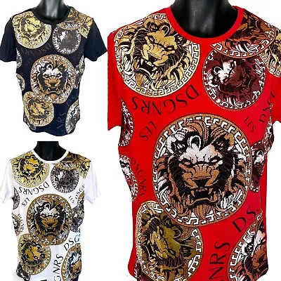 £16.99 • Buy Mens Baroque Lion T Shirts, Foil Print Tees, Urban Hip Hop Rhinestone Teeshirts 
