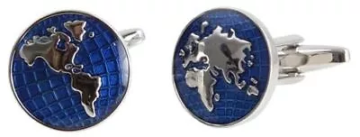 Mens Blue & Rhodium World Map Cufflinks • £25.70