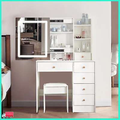 UK Dressing Table Makeup Desk Vanity Set W/ LED Light Sliding Mirror And Shelves • £151.76