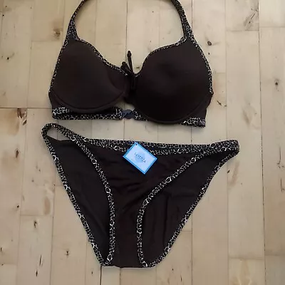 BNWT La Senza Brown With Leopard Print Trim Bikini Set -Bottoms Sz 16 Top 34 DD • £12.99