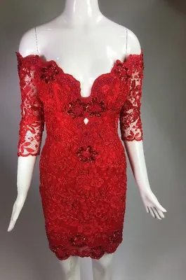 Rare Vintage 1992 Vicky Tiel RED Lace Beaded Cocktail DRESS Dolores SZ 38 • $650