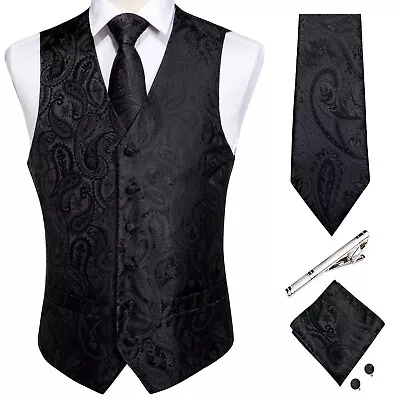 Mens Black Paisley Vest Dress Suit Waistcoat Tie Hanky Cufflinks Set For Wedding • $27.84