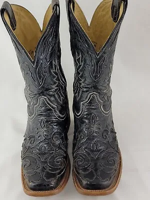 Corral Vintage A2159 Black W/ Gator Inlay Square Toe Leather Boots Mens Size 8 M • $175