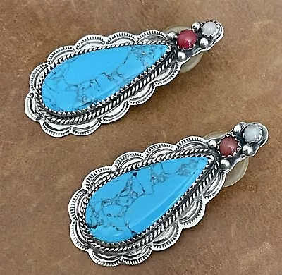 Vtg Navajo Sterling Monroe Ashley Turquoise Coral White Stone Stamped Earrings • $249