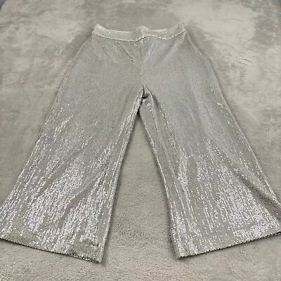 ZARA Sequin Disco Wide Leg Pants Womens XL Silver Layered Culotte Cropped 70s • £38.54