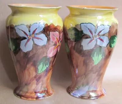 H&K HOLLINGSHEAD & KIRKHAM TUNSTALL PAIR OF FLORAL LUSTRE VASES C1935 (Ref9926) • £25