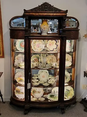 Antique Oak China Cabinet - Griffons Supported Canopy - Original Finish • $6250