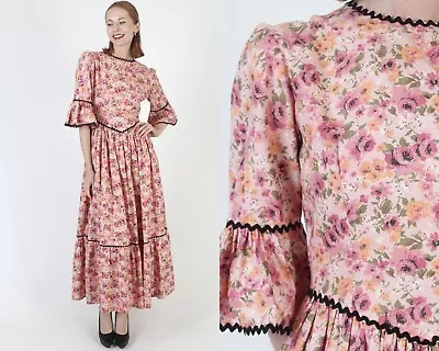 Vtg Rose Bouquet Romantic Print Dress Ric Rac Country Western Prairie Chore Gown • $74