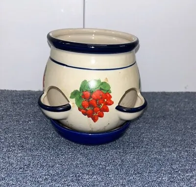 Vintage Ceramic Strawberry Planter Pot 4 Port 1960's Cobalt Blue Red White • $18