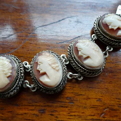 Vintage Carved Pink Shell Cameo Lady Silver Tone Panel Bracelet -D274 • £120