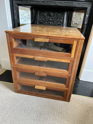 £100 • Buy Vintage Antique Teak Haberdashery Drawers Glass Fronted Bedside Unit 50s 60s