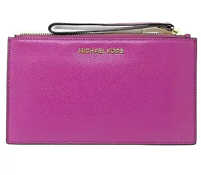 MICHAEL KORS MK Jet Set LG CLUTCH Zip Wristlet Wallet Pomegranate Purple Leather • $75.99