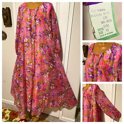 VTG 1960's BRIGHT PINK FLORAL CHIFFON LOUNGER LINED MAXI DRESS SZ 42 XXL • $50