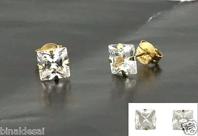 9ct Gold 5mm Square Simulated Diamond Studs Earrings Ladies Mens Bday GIFT BOX • £15.90