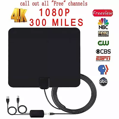 300 Miles Range Thin Flat Indoor Amplified Antenna HD HDTV High Def TV Fox Scout • £10.87