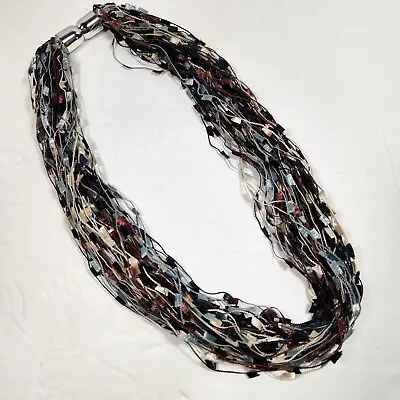 Multi Strand Ribbon Necklace 28 Inch Magnetic Closure Brown Blue Cream Black • $7.95