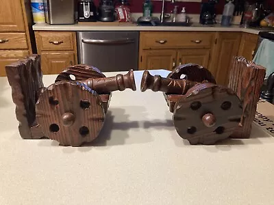 Vintage Pair Of Dark Brown Wood Regiment Military Canon Bookends Made In Spain • $15