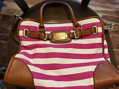 Michael Kors Hamilton Large Fuschia White Stripe Brown Leather Tote Bag • $100