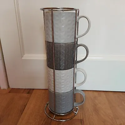 £20 • Buy Next.set Of 4 Grey & White Stacking Ceramic Kendall Mugs/cups In Metal Holder