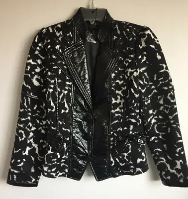 $49.99 • Buy NWT $252 Simon Chang Black White Leopard Print Jacket Blazer W Faux Leather 6 