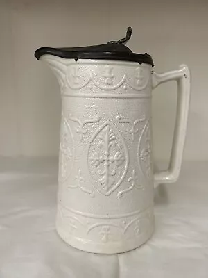 British White Relief Molded Jug/pitcher With Hinged Molded Pewter Lid • $73