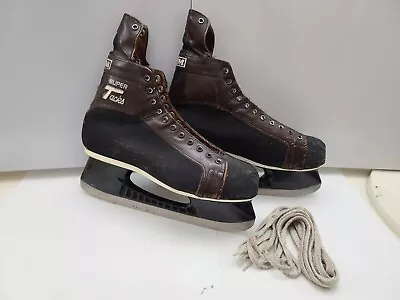 Vintage Adult Size 9 1/2 CCM Super Tacks Ice Hockey Skates Brown Leather CANADA • $124.99