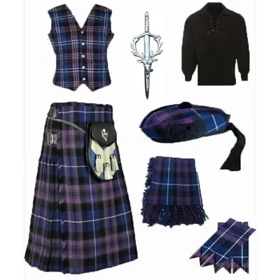 Scottish Men Kilt Outfit 5 Yard Kilt Vest Jacobite Shirt Set Wedding Kilt Outfit • £88.50