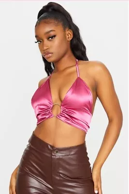 Mauve Satin Plunge Bralet Crop Top Size 6 • £2.44