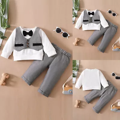 2PCS Baby Boys Gentleman Outfits Set Birthday Party Bowtie Shirt Pants Suit • £5.66