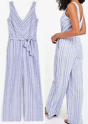 NEXT Womens Stripe Linen Blend V Neck Wide Leg Jumpsuit Playsuit 6-26 (NO BELT) • £13.97