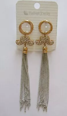 Fashion Earrings- Gold Tone- Circles- Mustaches- Clear Stones- Long Strands • $10.99