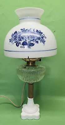 Vtg GWTW Elec Oil Lamp Delft Blue White Shade Brass & Milk Glass Base Student • $129.99