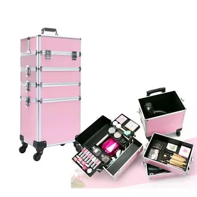 4in1 Pro Aluminum Rolling Makeup Case Salon Cosmetic Organizer Trolley Pink NEW • $83.07