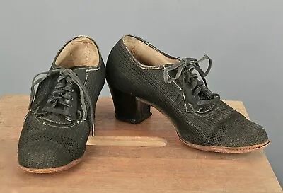 VTG Women's 30s 40s Black Mesh Shoes Sz 7 B 1930s 1940s 2  Heel • $85.63