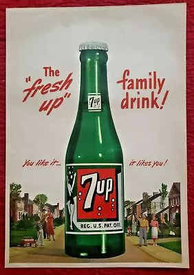 Vintage 1948 7up The Fresh Up Family  Store Display Sign 19 X13  Poster NOS 105 • $19.99