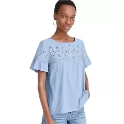 J. Crew Eyelet Flutter Sleeve Cotton Top In Light Blue Size Small EUC • $15