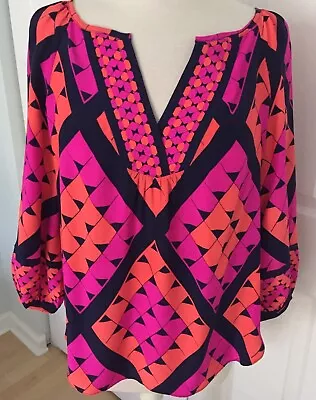 Alice &  Trixie  Batik Lattice Notch Neck 100% Silk Blouse  Colorful Print    S • $20