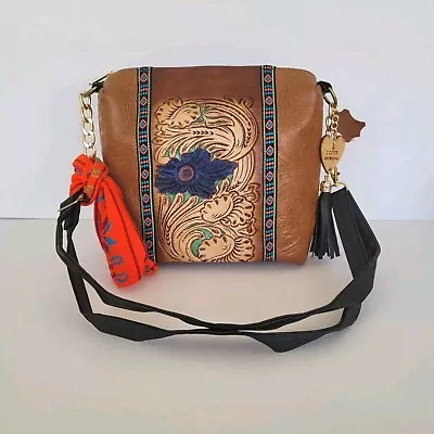 Mexican Floral Embossed Artesanal Shoulder Crossbody Bag Geniue Leather Brow New • $35