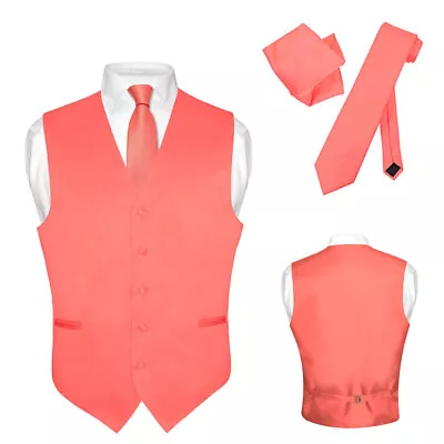 Men's Dress Vest NeckTie Hanky CORAL PINK Color Neck Tie Set For Suit Or Tuxedo • $24.95